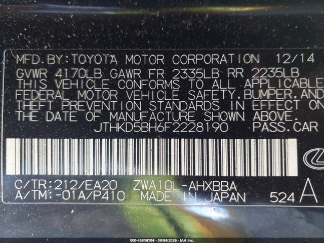 Продажа на аукционе авто 2015 Lexus Ct 200h, vin: JTHKD5BH6F2228190, номер лота: 45814104