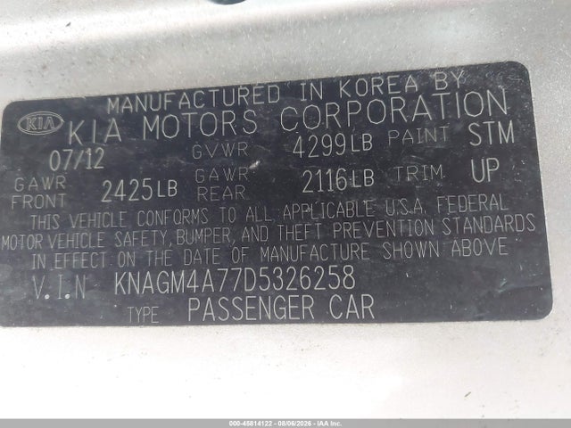 Aukcja sprzedaży 2013 Kia Optima Lx, vin: KNAGM4A77D5326258, numer aukcji: 45814122
