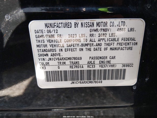 2012 Infiniti G37x მანქანა იყიდება აუქციონზე, vin: JN1CV6ARXCM978049, აუქციონის ნომერი: 45814130