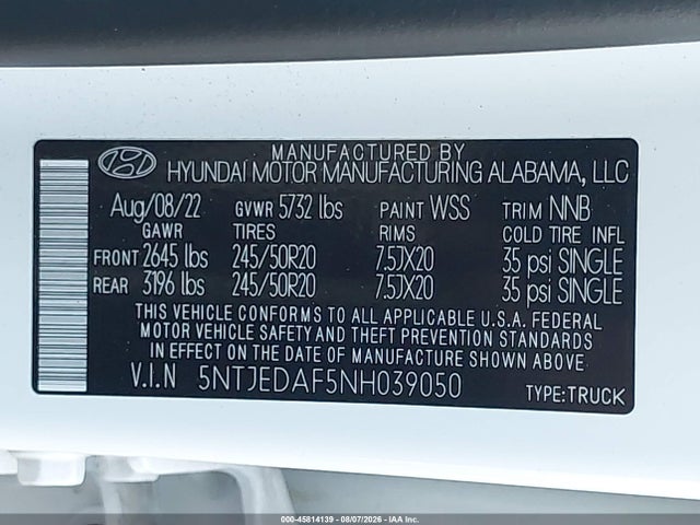 2022 Hyundai Santa Cruz Limited მანქანა იყიდება აუქციონზე, vin: 5NTJEDAF5NH039050, აუქციონის ნომერი: 45814139
