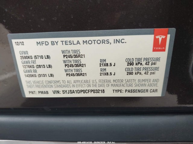 Продаж на аукціоні авто 2012 Tesla Model S Performance/signature Performance, vin: 5YJSA1DP0CFP03218, номер лоту: 45814158