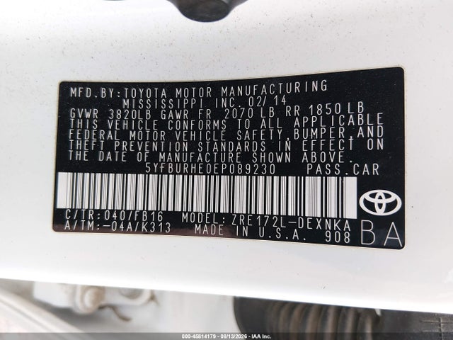 2014 Toyota Corolla Le Plus მანქანა იყიდება აუქციონზე, vin: 5YFBURHE0EP089230, აუქციონის ნომერი: 45814179