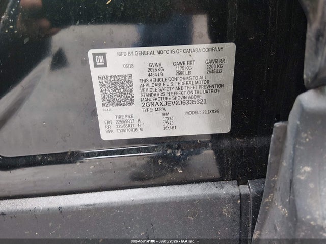 Продажа на аукционе авто 2018 Chevrolet Equinox Lt, vin: 2GNAXJEV2J6335321, номер лота: 45814180