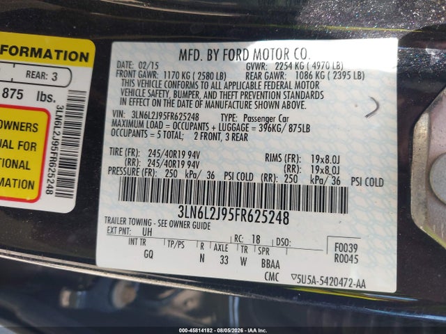 Aukcja sprzedaży 2015 Lincoln Mkz, vin: 3LN6L2J95FR625248, numer aukcji: 45814182