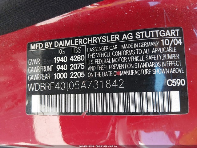 Продажа на аукционе авто 2005 Mercedes-benz C 230 Kompressor Sport, vin: WDBRF40J05A731842, номер лота: 45814199
