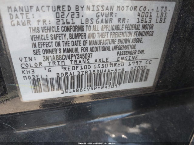2023 Nissan Sentra Sv Xtronic Cvt მანქანა იყიდება აუქციონზე, vin: 3N1AB8CV4PY245097, აუქციონის ნომერი: 45814218