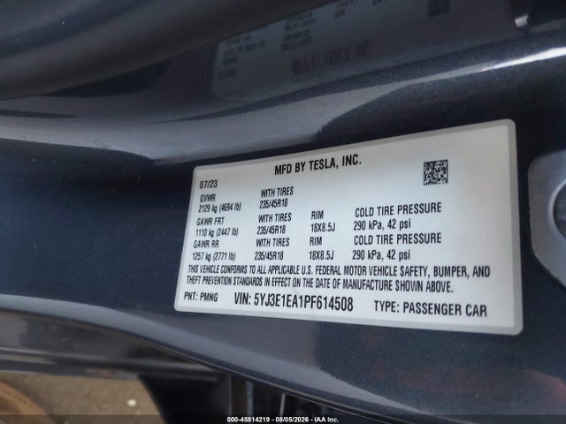 2023 Tesla Model 3 Rear-wheel Drive მანქანა იყიდება აუქციონზე, vin: 5YJ3E1EA1PF614508, აუქციონის ნომერი: 45814219