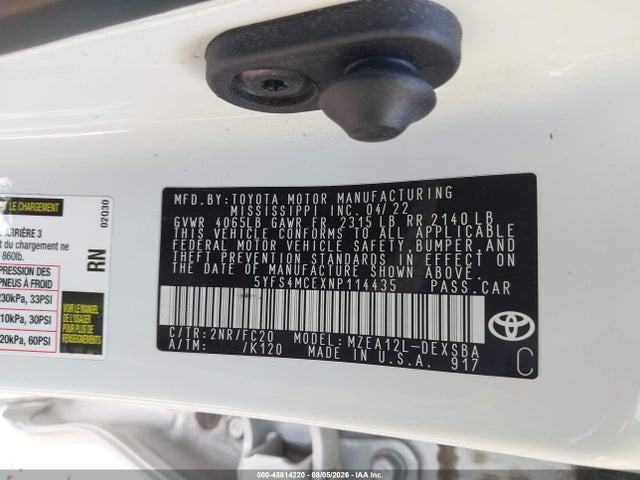 5YFS4MCEXNP114435 Toyota COROLLA SE