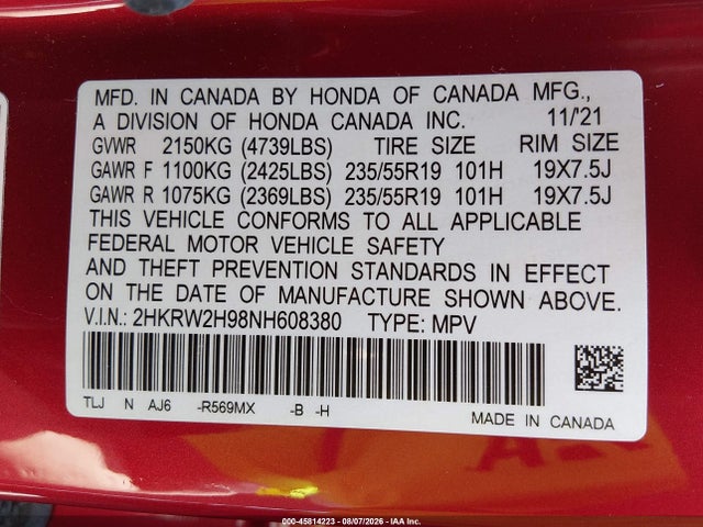 2HKRW2H98NH608380 Honda Cr-v Awd Touring