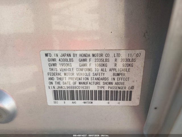 45814227 :رقم المزاد ، JH4CL96888C016381 vin ، 2008 Acura Tsx مزاد بيع