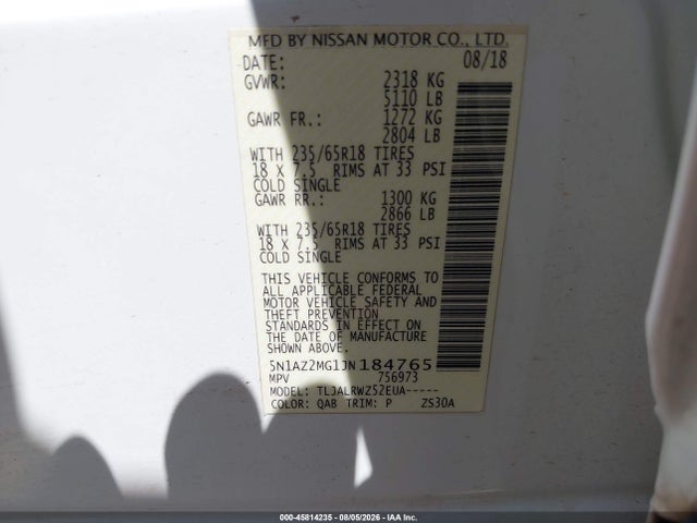 2018 Nissan Murano Sl მანქანა იყიდება აუქციონზე, vin: 5N1AZ2MG1JN184765, აუქციონის ნომერი: 45814235