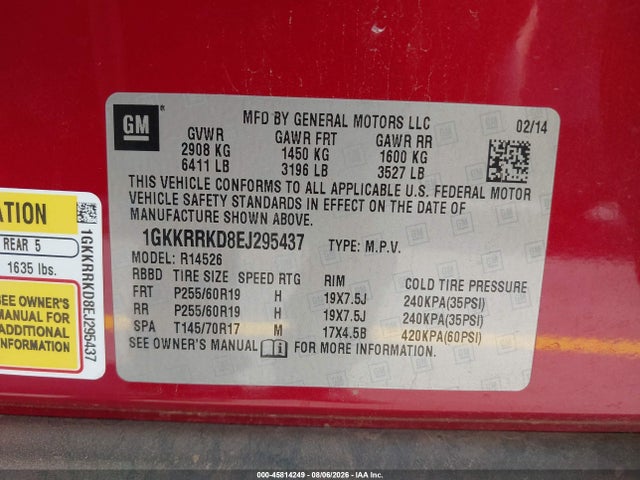 Продаж на аукціоні авто 2014 Gmc Acadia Slt-1, vin: 1GKKRRKD8EJ295437, номер лоту: 45814249