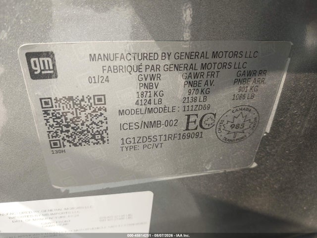 Aukcja sprzedaży 2024 Chevrolet Malibu 1lt, vin: 1G1ZD5ST1RF169091, numer aukcji: 45814251