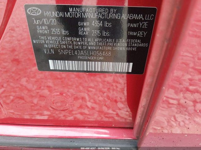 Aukcja sprzedaży 2020 Hyundai Sonata Sel, vin: 5NPEL4JA5LH056468, numer aukcji: 45814257