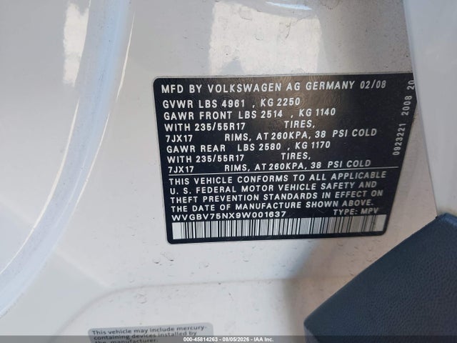 45814263 :رقم المزاد ، WVGBV75NX9W001637 vin ، 2009 Volkswagen Tiguan Se/sel مزاد بيع