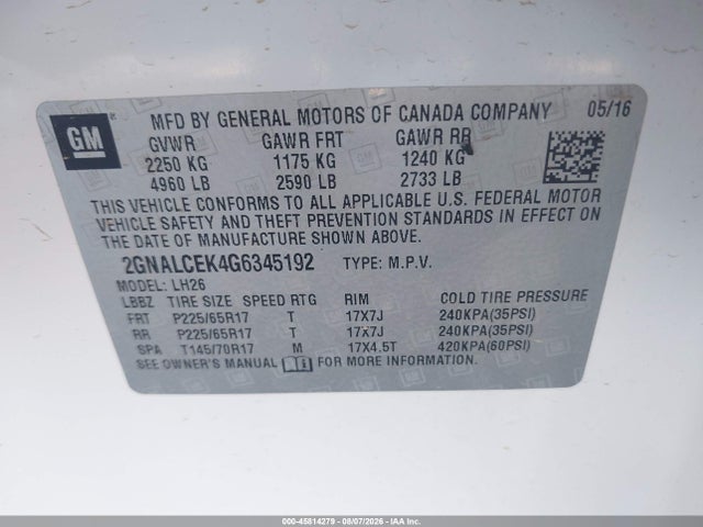 Aukcja sprzedaży 2016 Chevrolet Equinox Lt, vin: 2GNALCEK4G6345192, numer aukcji: 45814279