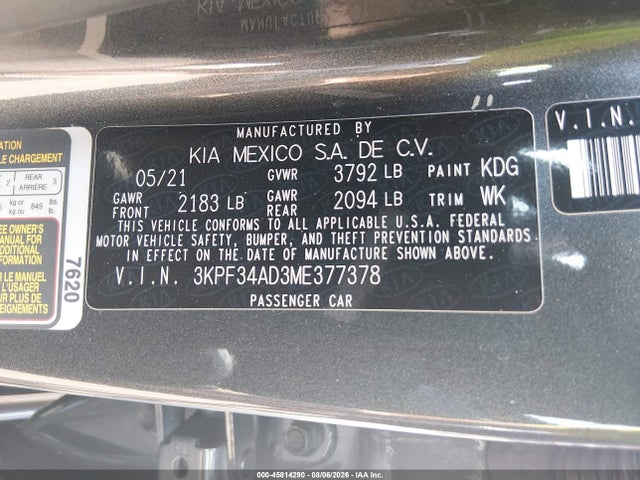 Продаж на аукціоні авто 2021 Kia Forte Gt-line, vin: 3KPF34AD3ME377378, номер лоту: 45814290