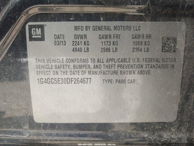 2013 Buick Lacrosse Leather Group მანქანა იყიდება აუქციონზე, vin: 1G4GC5E30DF264677, აუქციონის ნომერი: 45814292