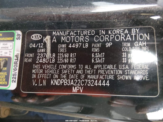 45814297 :رقم المزاد ، KNDPB3A22C7324444 vin ، 2012 Kia Sportage Lx مزاد بيع