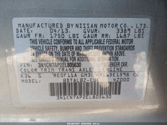 3N1CN7AP2EL805630 Nissan Versa 1.6 Sv