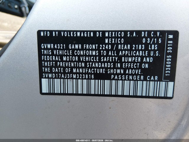 Aukcja sprzedaży 2015 Volkswagen Jetta 1.8t Se, vin: 3VWD17AJ3FM323816, numer aukcji: 45814311