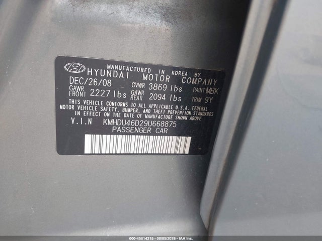 Продаж на аукціоні авто 2009 Hyundai Elantra Se, vin: KMHDU46D29U668875, номер лоту: 45814315