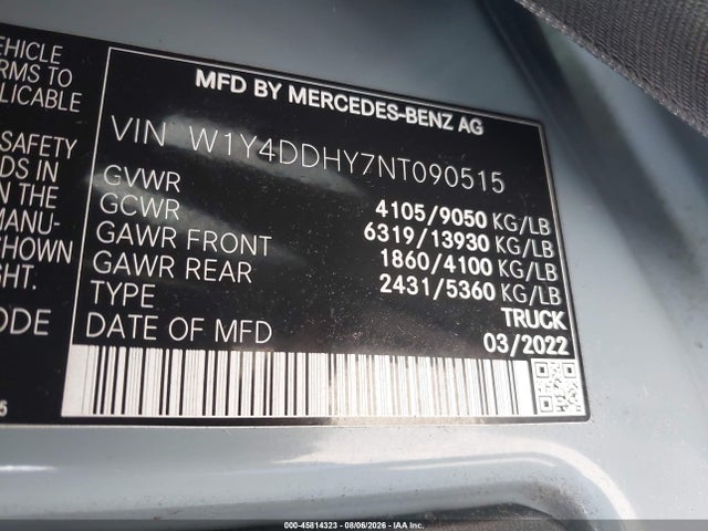Продаж на аукціоні авто 2022 Mercedes-benz Sprinter 2500 High Roof I4 Diesel, vin: W1Y4DDHY7NT090515, номер лоту: 45814323