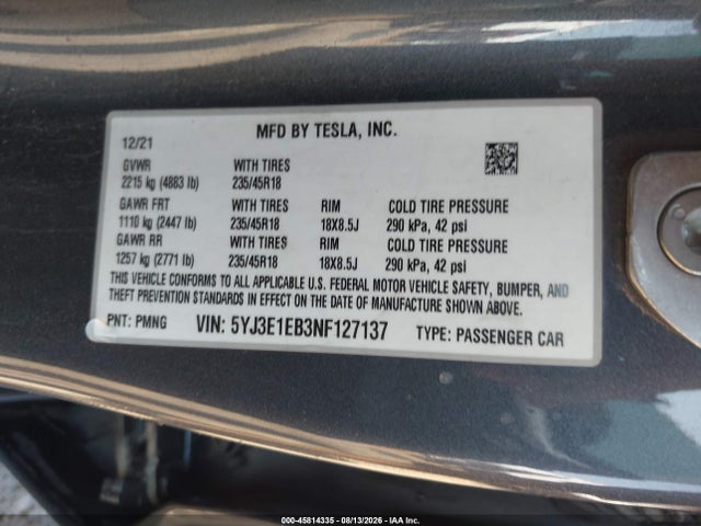 Продажа на аукционе авто 2022 Tesla Model 3 Long Range Dual Motor All-wheel Drive, vin: 5YJ3E1EB3NF127137, номер лота: 45814335