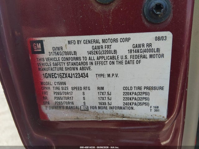45814338 :رقم المزاد ، 1GNEC16ZX4J123434 vin ، 2004 Chevrolet Suburban 1500 Ls مزاد بيع