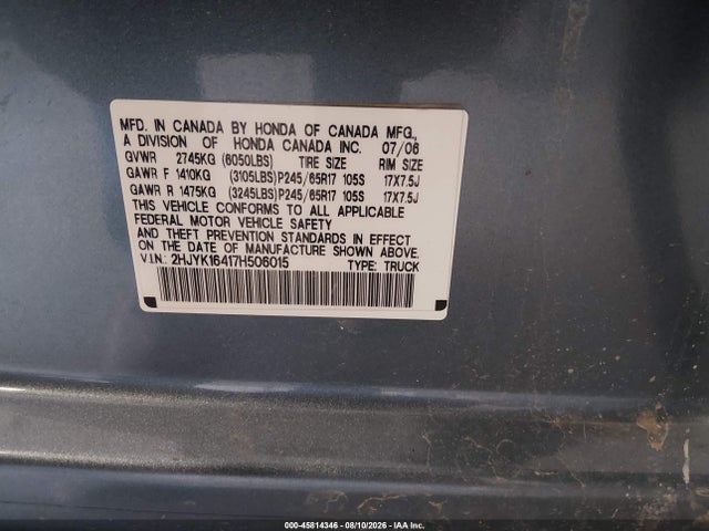 Продаж на аукціоні авто 2007 Honda Ridgeline Rts, vin: 2HJYK16417H506015, номер лоту: 45814346