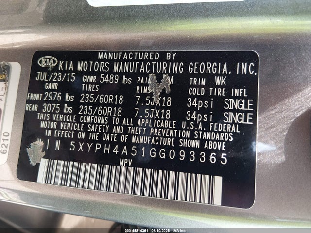 Aukcja sprzedaży 2016 Kia Sorento 3.3l Ex, vin: 5XYPH4A51GG093365, numer aukcji: 45814361