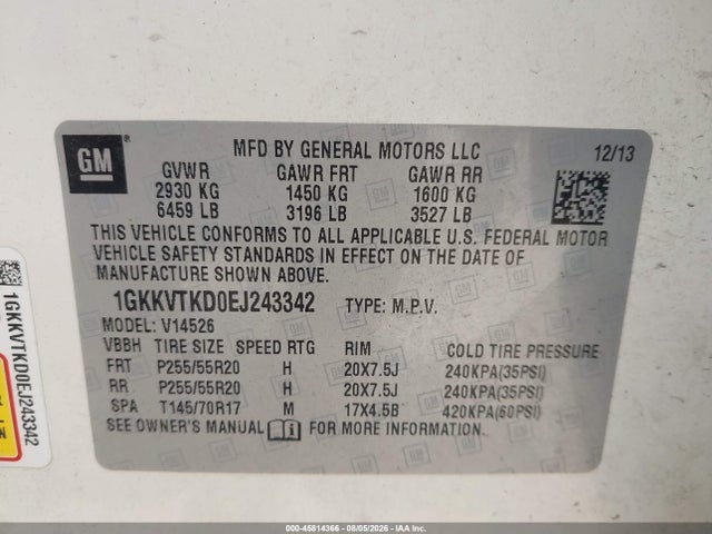 45814366 :رقم المزاد ، 1GKKVTKD0EJ243342 vin ، 2014 Gmc Acadia Denali مزاد بيع