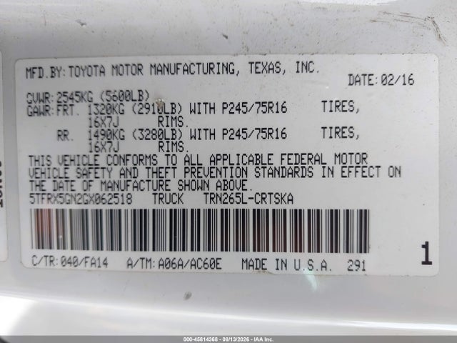 5TFRX5GN2GX062518 Toyota Tacoma Sr