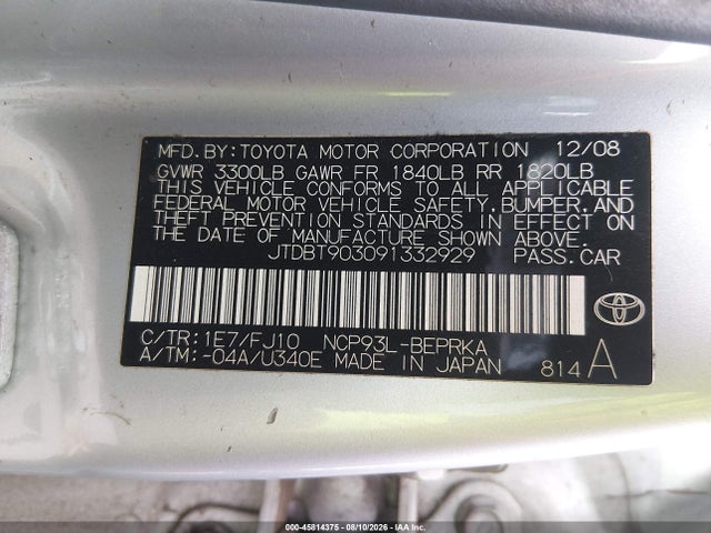 2009 Toyota Yaris მანქანა იყიდება აუქციონზე, vin: JTDBT903091332929, აუქციონის ნომერი: 45814375