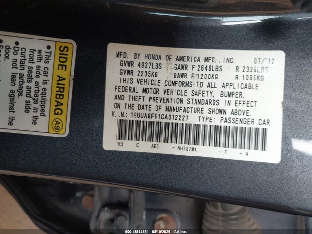 2012 Acura Tl 3.7 მანქანა იყიდება აუქციონზე, vin: 19UUA9F51CA012227, აუქციონის ნომერი: 45814391