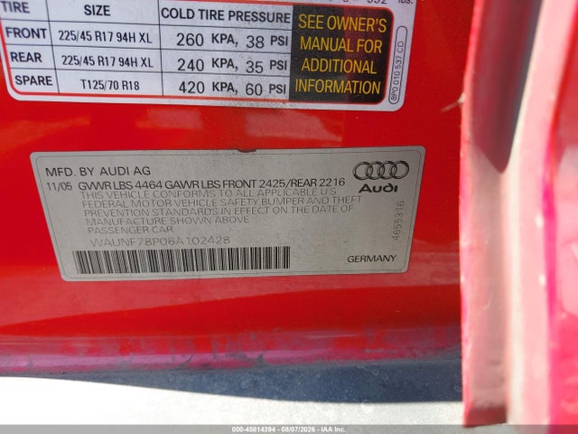 Продаж на аукціоні авто 2006 Audi A3 2.0t, vin: WAUNF78P06A102428, номер лоту: 45814394
