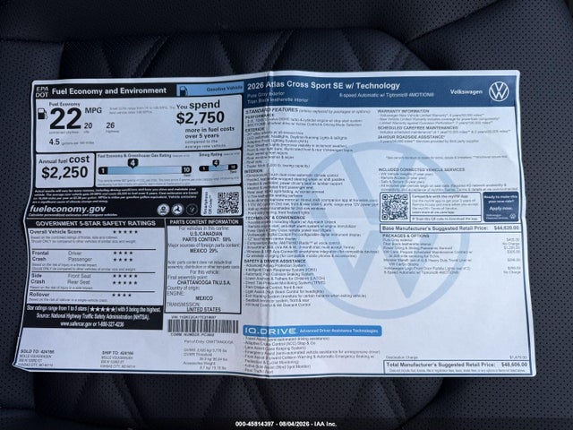 Aukcja sprzedaży 2026 Volkswagen Atlas Cross Sport Se With Technology, vin: 1V2KC2CA1TC214657, numer aukcji: 45814397
