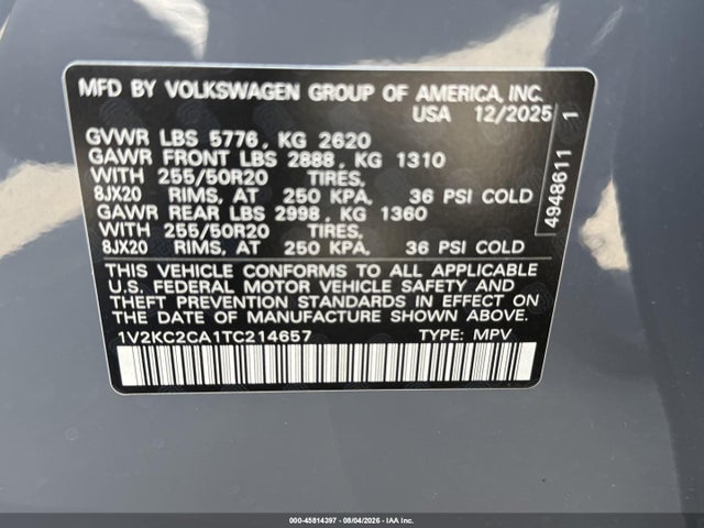 Aukcja sprzedaży 2026 Volkswagen Atlas Cross Sport Se With Technology, vin: 1V2KC2CA1TC214657, numer aukcji: 45814397