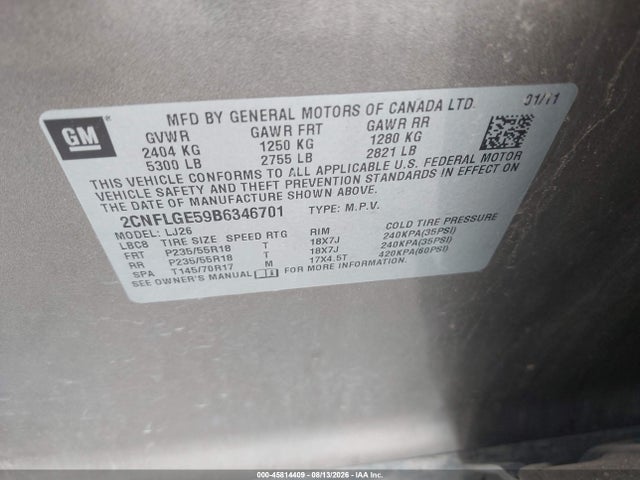 45814409 :رقم المزاد ، 2CNFLGE59B6346701 vin ، 2011 Chevrolet Equinox Ltz مزاد بيع