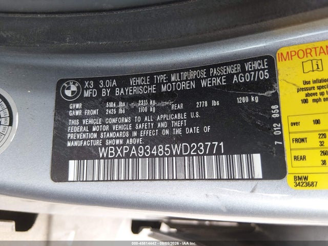 2005 Bmw X3 3.0i მანქანა იყიდება აუქციონზე, vin: WBXPA93485WD23771, აუქციონის ნომერი: 45814442