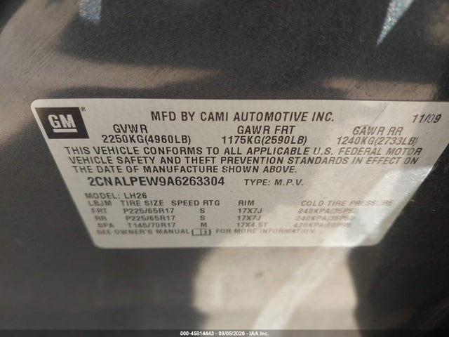 45814443 :رقم المزاد ، 2CNALPEW9A6263304 vin ، 2010 Chevrolet Equinox Lt مزاد بيع