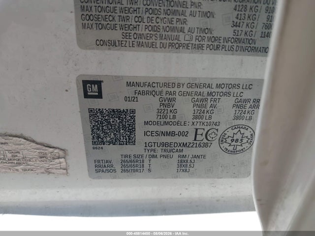 Aukcja sprzedaży 2021 Gmc Sierra 1500 Sle, vin: 1GTU9BEDXMZ216387, numer aukcji: 45814450