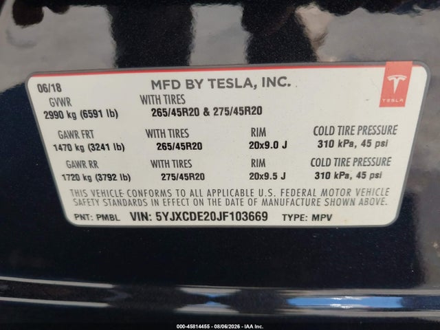 Продажа на аукционе авто 2018 Tesla Model X 100d/75d/p100d, vin: 5YJXCDE20JF103669, номер лота: 45814455