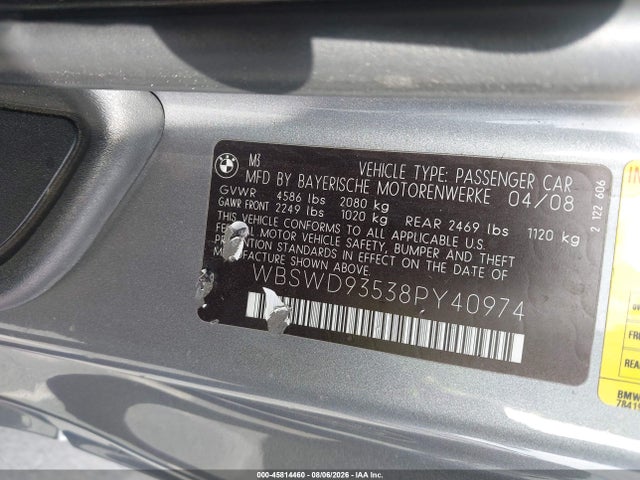 45814460 :رقم المزاد ، WBSWD93538PY40974 vin ، 2008 Bmw M3 مزاد بيع