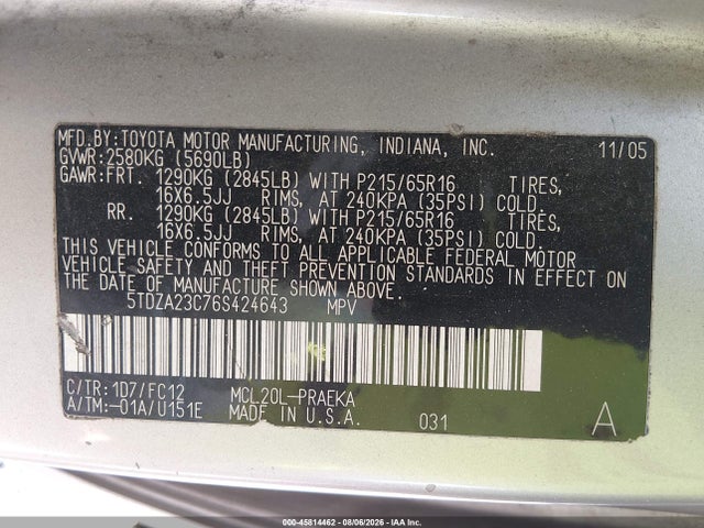 Продаж на аукціоні авто 2006 Toyota Sienna Le, vin: 5TDZA23C76S424643, номер лоту: 45814462