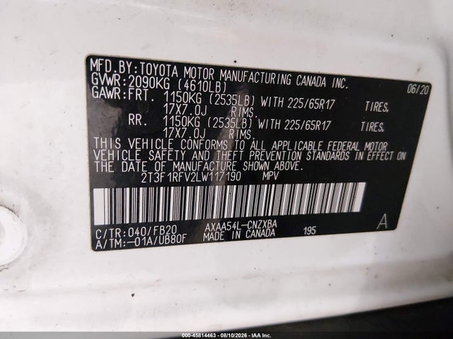 45814463 :رقم المزاد ، 2T3F1RFV2LW117190 vin ، 2020 Toyota Rav4 Le مزاد بيع