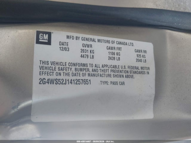 Продаж на аукціоні авто 2004 Buick Century, vin: 2G4WS52J141257651, номер лоту: 45814467