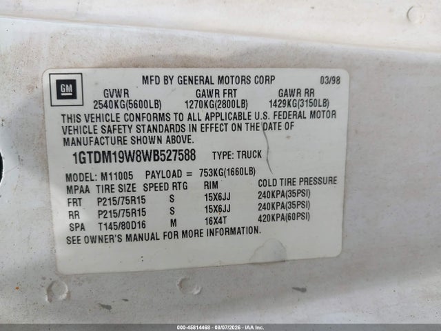 Продажа на аукционе авто 1998 Gmc Safari Standard, vin: 1GTDM19W8WB527588, номер лота: 45814468