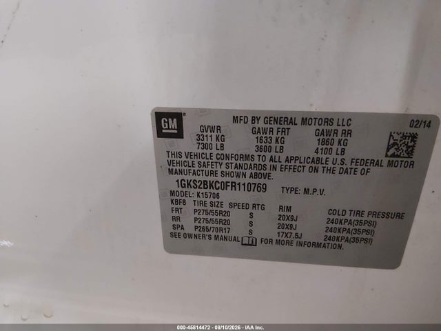 Продажа на аукционе авто 2015 Gmc Yukon Slt, vin: 1GKS2BKC0FR110769, номер лота: 45814472