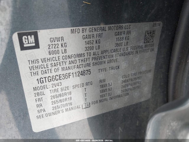 Продаж на аукціоні авто 2015 Gmc Canyon 4wd Slt, vin: 1GTG6CE36F1124875, номер лоту: 45814489
